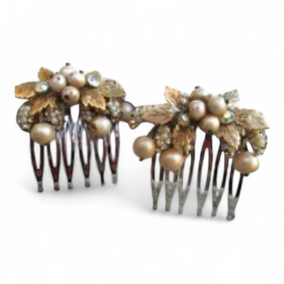 Vintage Gold Pearl Hair Comb Set | Miriam Haskell Style | Bridal & Holiday Glam - Picture 1 of 3